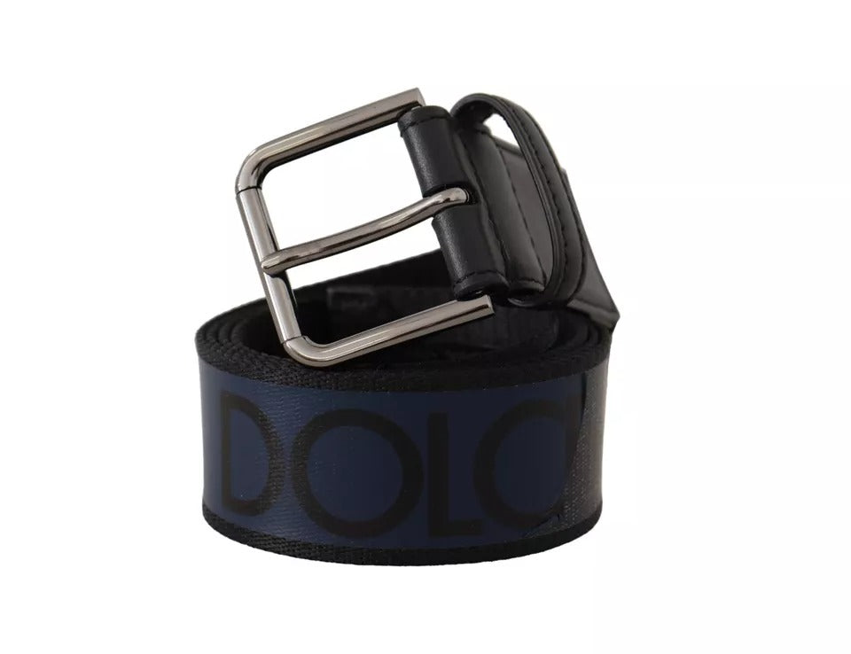 Dolce & Gabbana Blue Black Logo Print Silver Buckle Men's Belt (Pre-Owned)