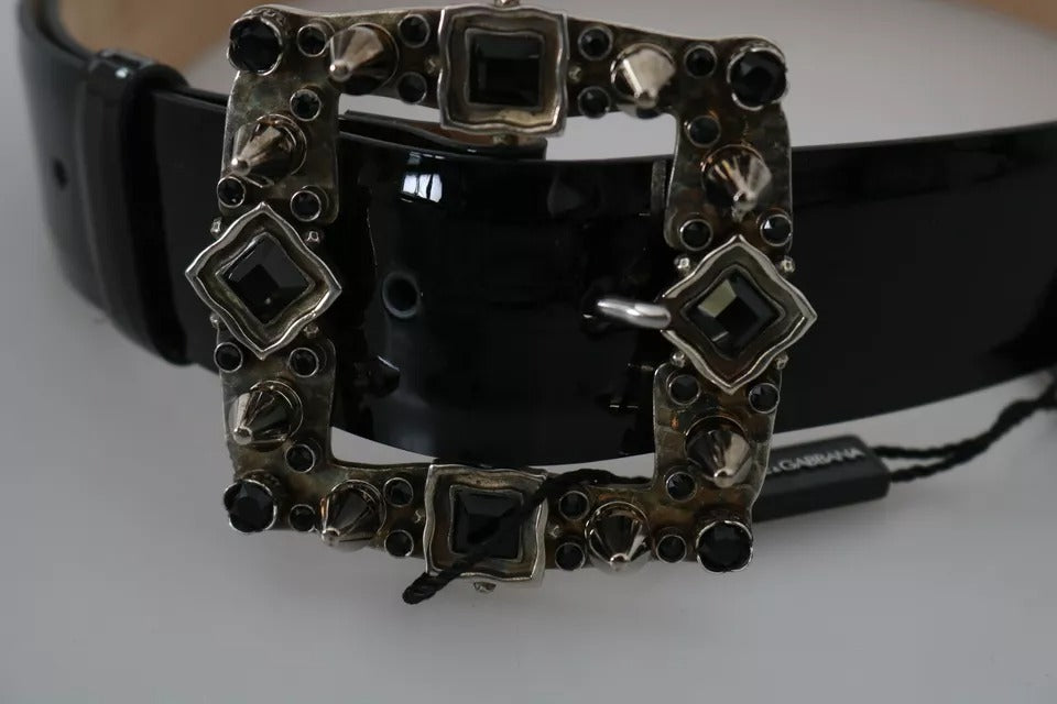 Dolce & Gabbana Black Shiny Leather Crystal Logo Buckle Women's Belt (Pre-Owned)