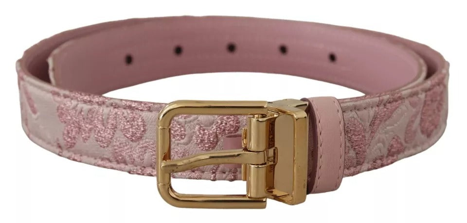 Dolce & Gabbana Pink Jaquard Embroidered Gold Tone Metal Buckle Women's Belt