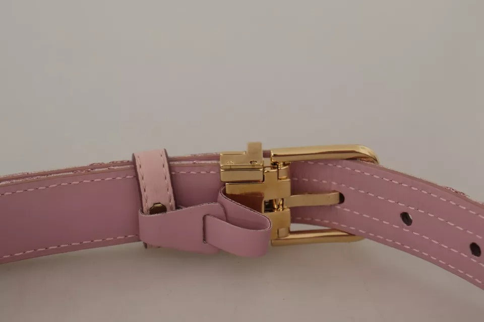 Dolce & Gabbana Pink Jaquard Embroidered Gold Tone Metal Buckle Women's Belt