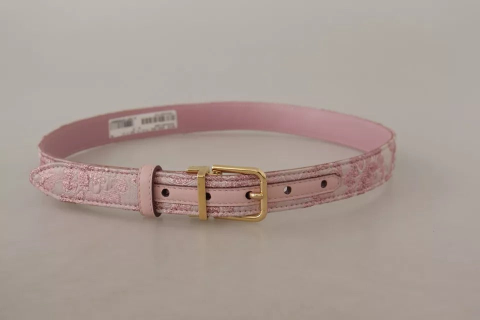 Dolce & Gabbana Pink Jaquard Embroidered Gold Tone Metal Buckle Women's Belt
