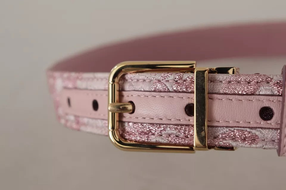 Dolce & Gabbana Pink Jaquard Embroidered Gold Tone Metal Buckle Women's Belt