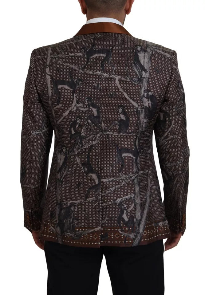 Dolce & Gabbana Bronze Monkey Print Silk Slim Jacket Men's Blazer
