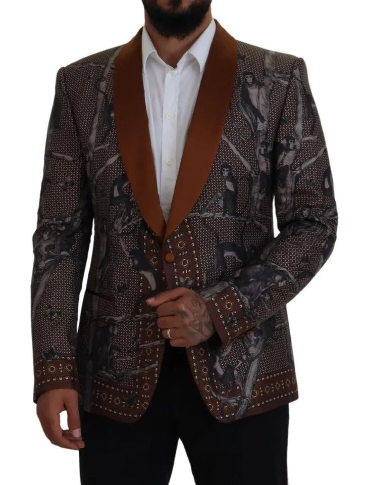 Dolce & Gabbana Bronze Monkey Print Silk Slim Jacket Men's Blazer
