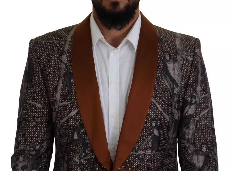 Dolce & Gabbana Bronze Monkey Print Silk Slim Jacket Men's Blazer