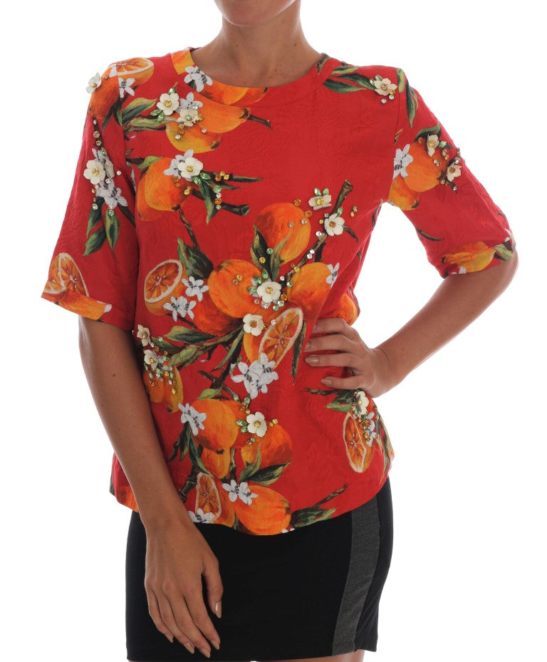 Dolce & Gabbana Orange Print Crystal-Embellished Women's Blouse