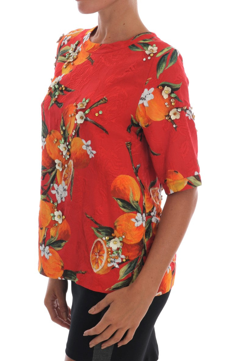 Dolce & Gabbana Orange Print Crystal-Embellished Women's Blouse