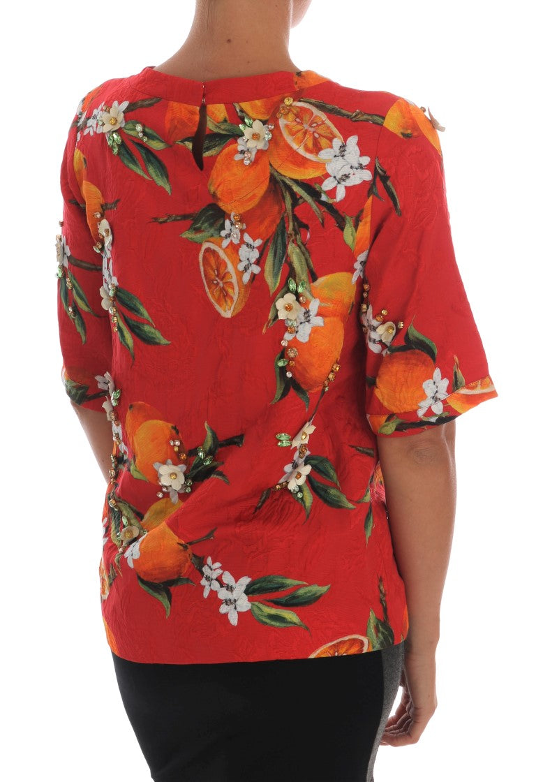 Dolce & Gabbana Orange Print Crystal-Embellished Women's Blouse