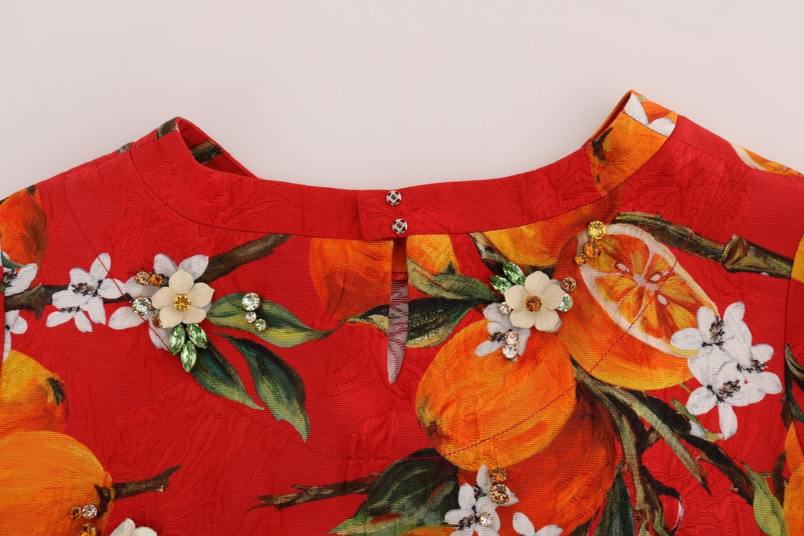 Dolce & Gabbana Orange Print Crystal-Embellished Women's Blouse