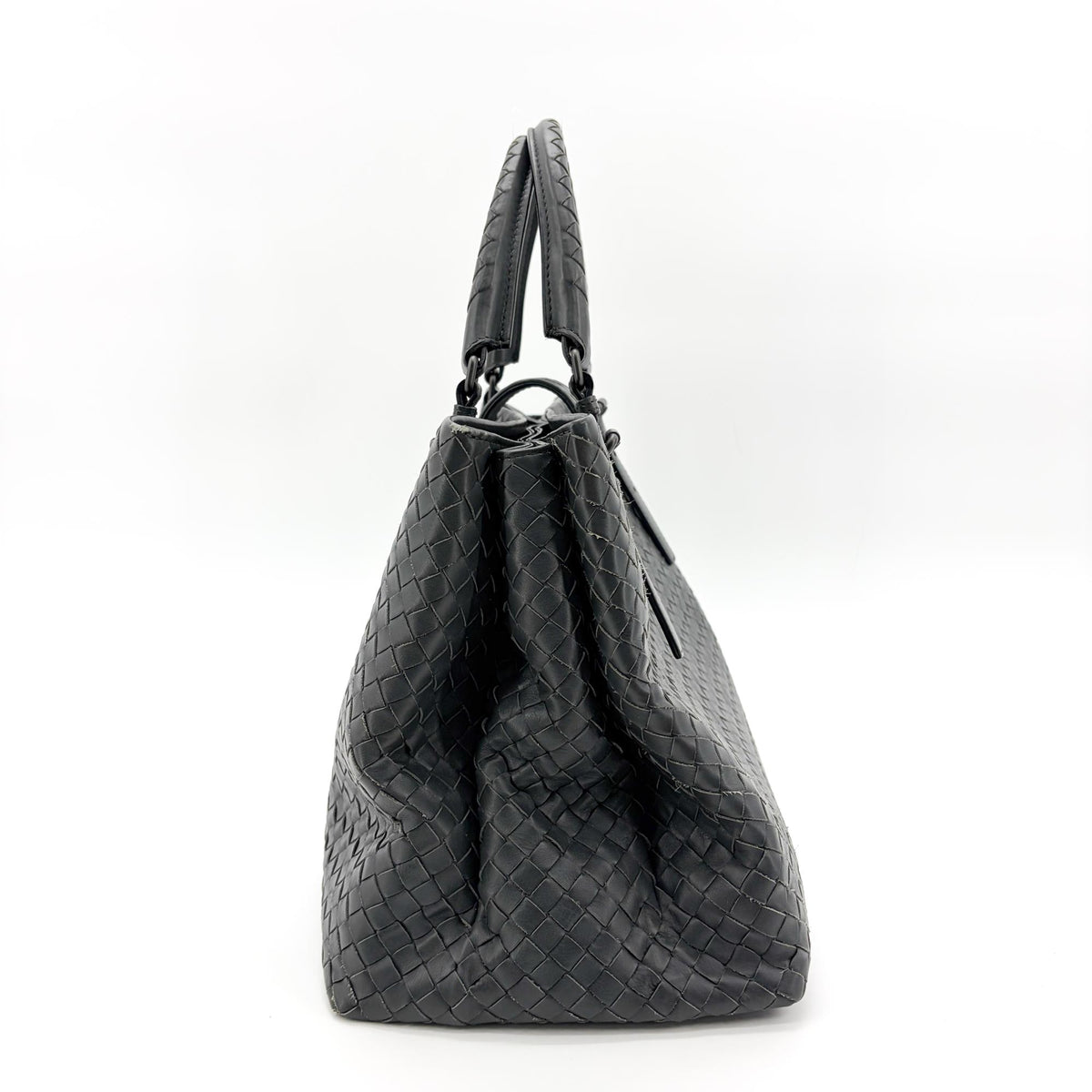 Bottega Veneta Roma Intrecciato Nappa Gray Leather Handbag (Pre-Owned)
