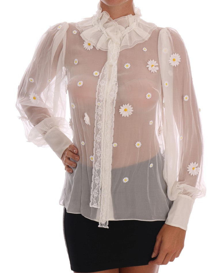 Dolce & Gabbana White Daisy Applique Silk Women's Shirt
