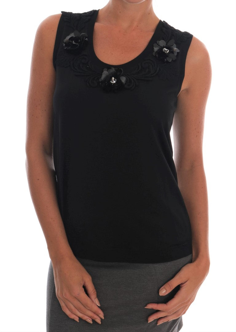 Dolce & Gabbana Black Cotton Floral Crystal Tank Women's Top