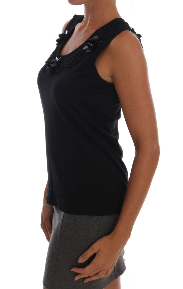 Dolce & Gabbana Black Cotton Floral Crystal Tank Women's Top