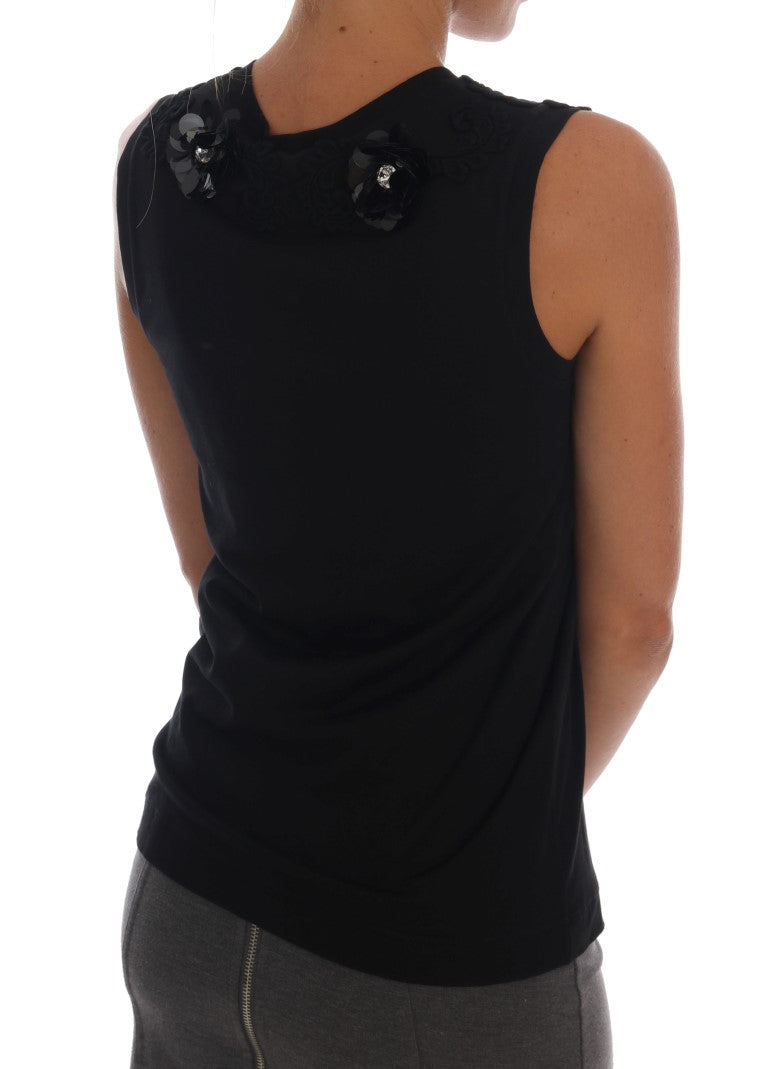 Dolce & Gabbana Black Cotton Floral Crystal Tank Women's Top