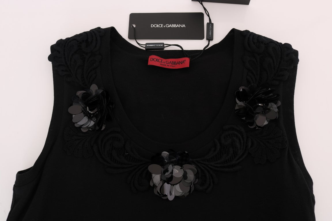 Dolce & Gabbana Black Cotton Floral Crystal Tank Women's Top