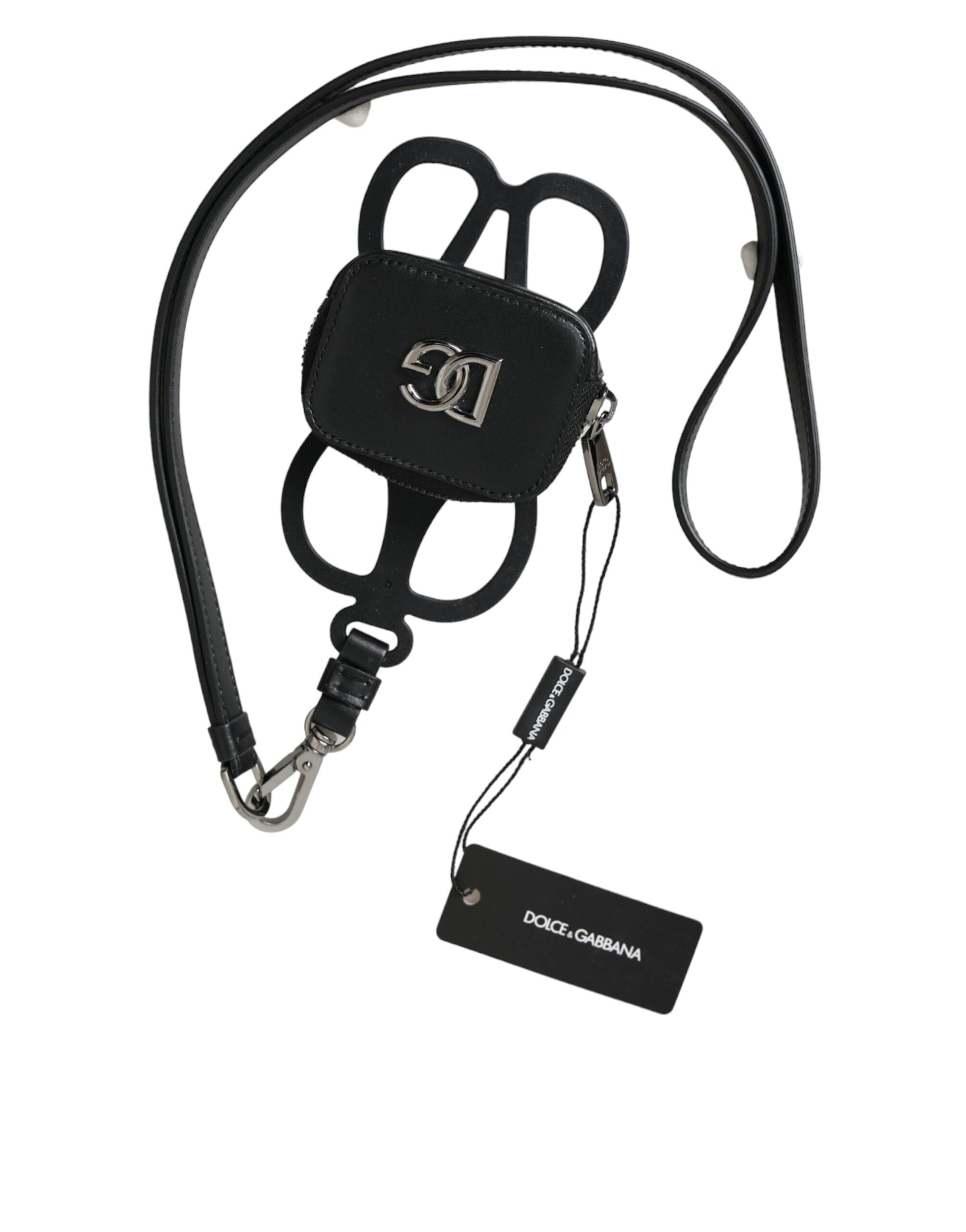 Dolce & Gabbana Black Calfskin Leather DG Logo Coin Purse Lanyard Men's Wallet