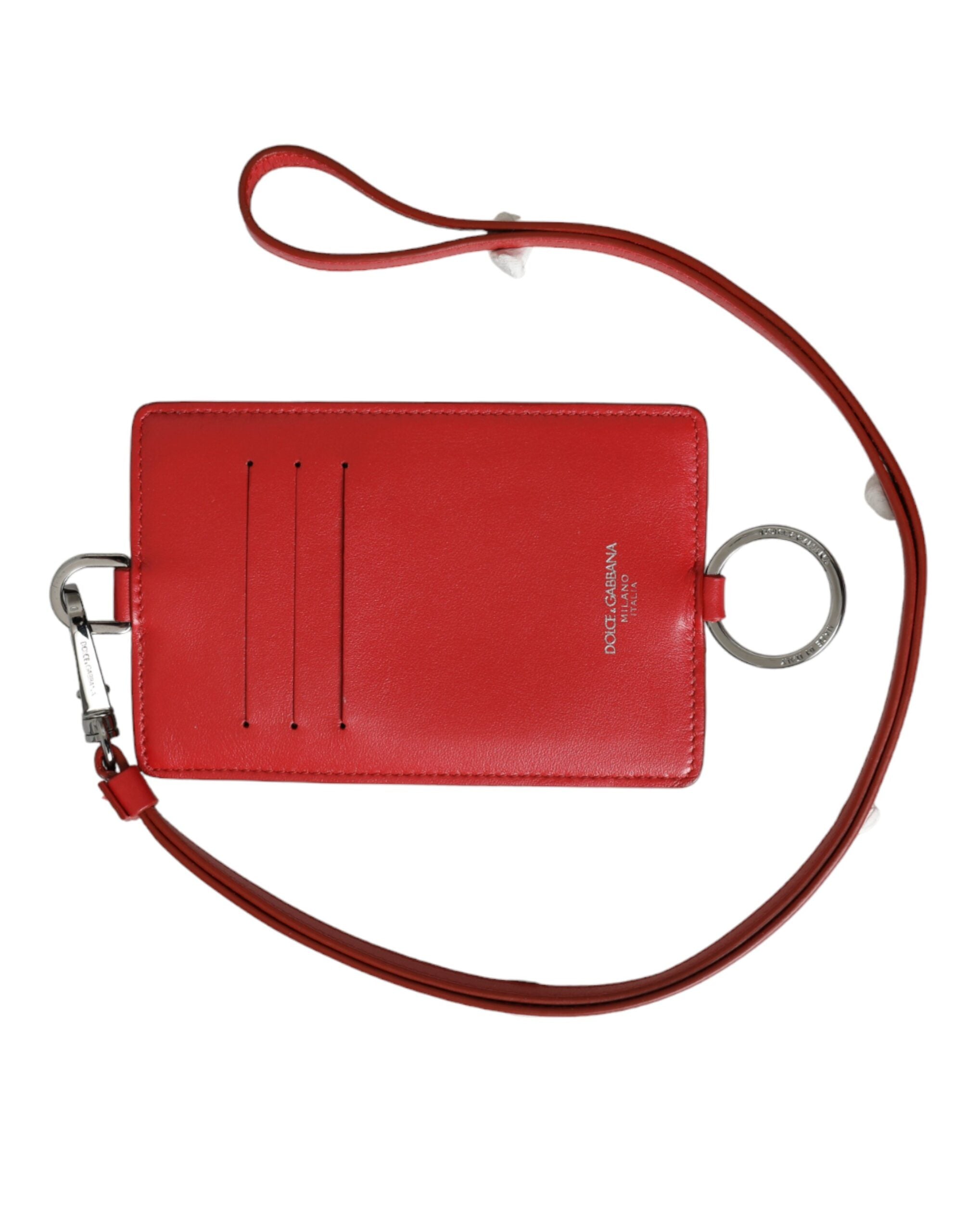 Dolce & Gabbana Red Calfskin Leather Lanyard Logo Card Holder Men's Wallet
