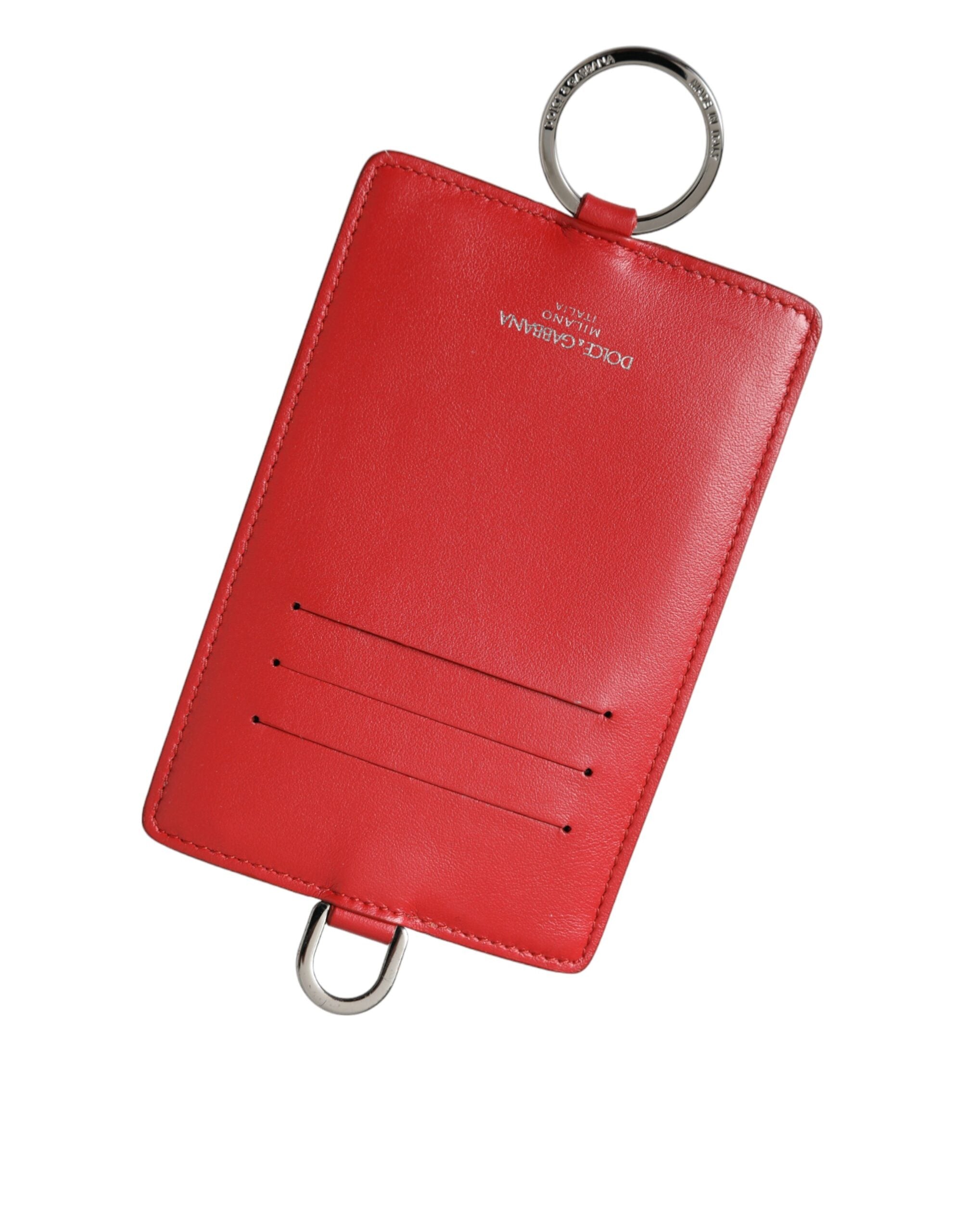 Dolce & Gabbana Red Calfskin Leather Lanyard Logo Card Holder Men's Wallet