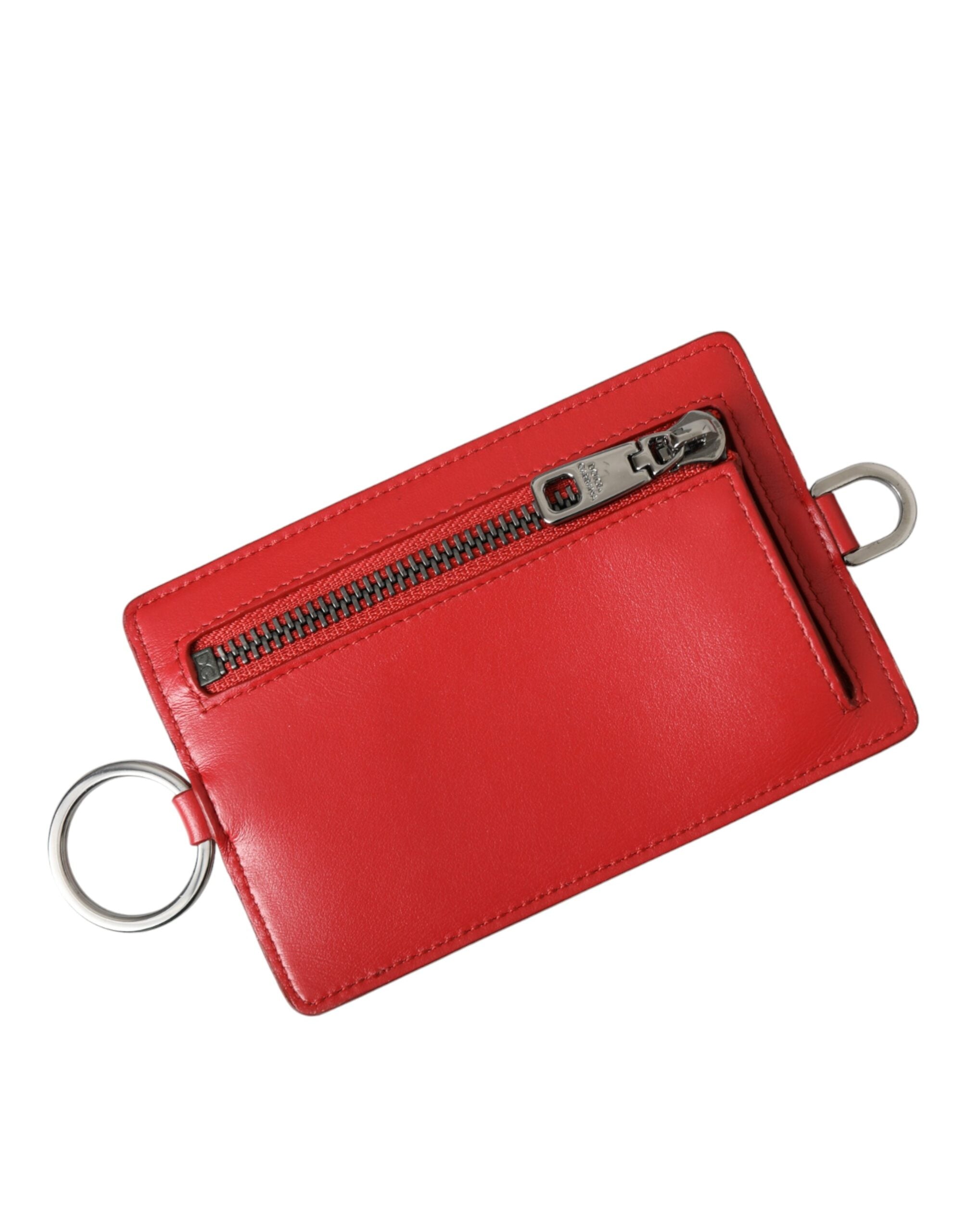 Dolce & Gabbana Red Calfskin Leather Lanyard Logo Card Holder Men's Wallet