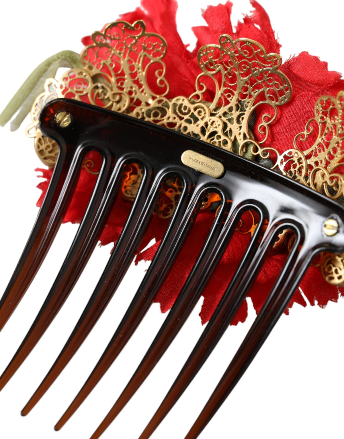 Dolce & Gabbana Red Silk Floral Gold Brass Women Hair Women's Comb