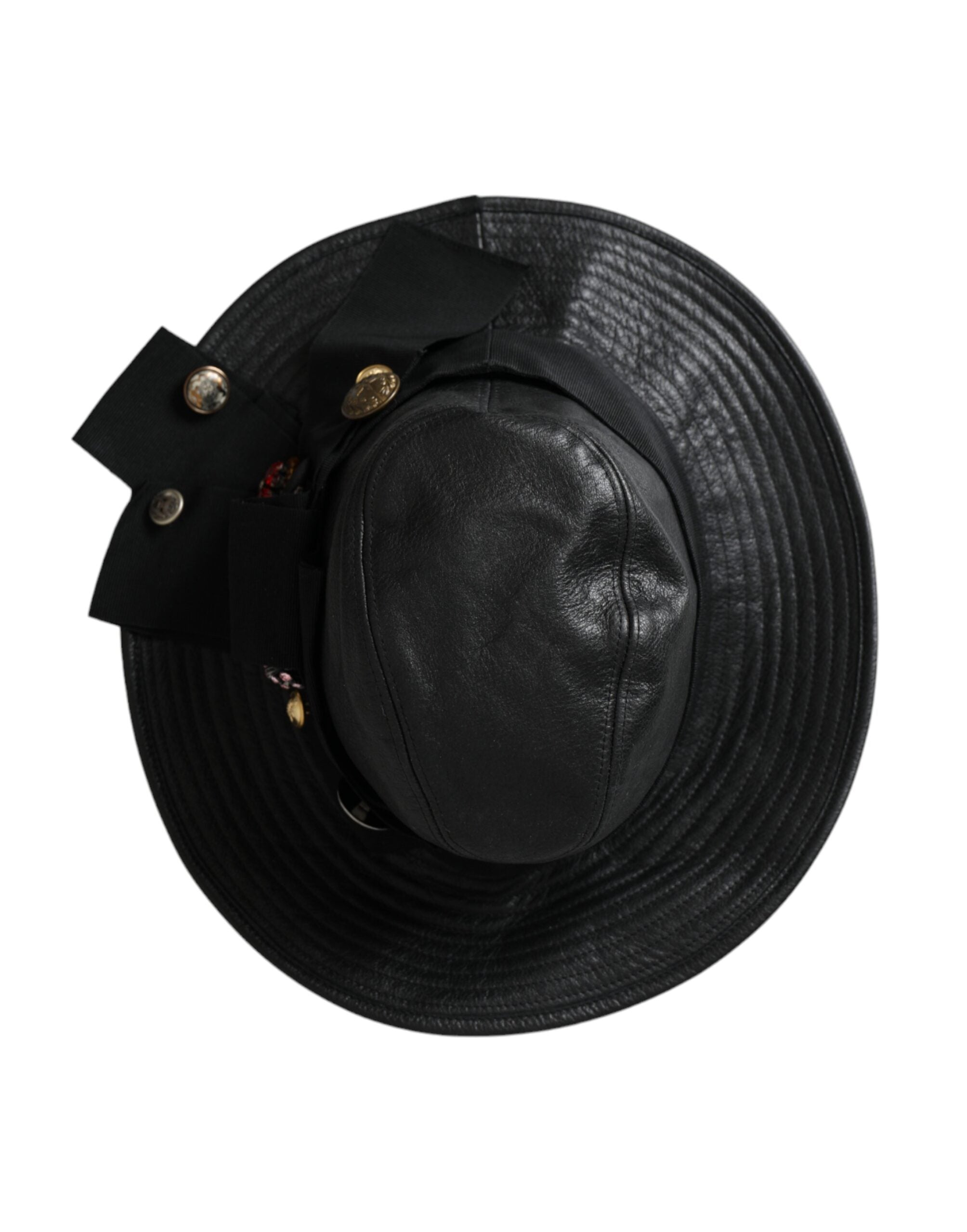 Dolce & Gabbana Black Leather DG Coin Crystal Wide Brim Women's Hat