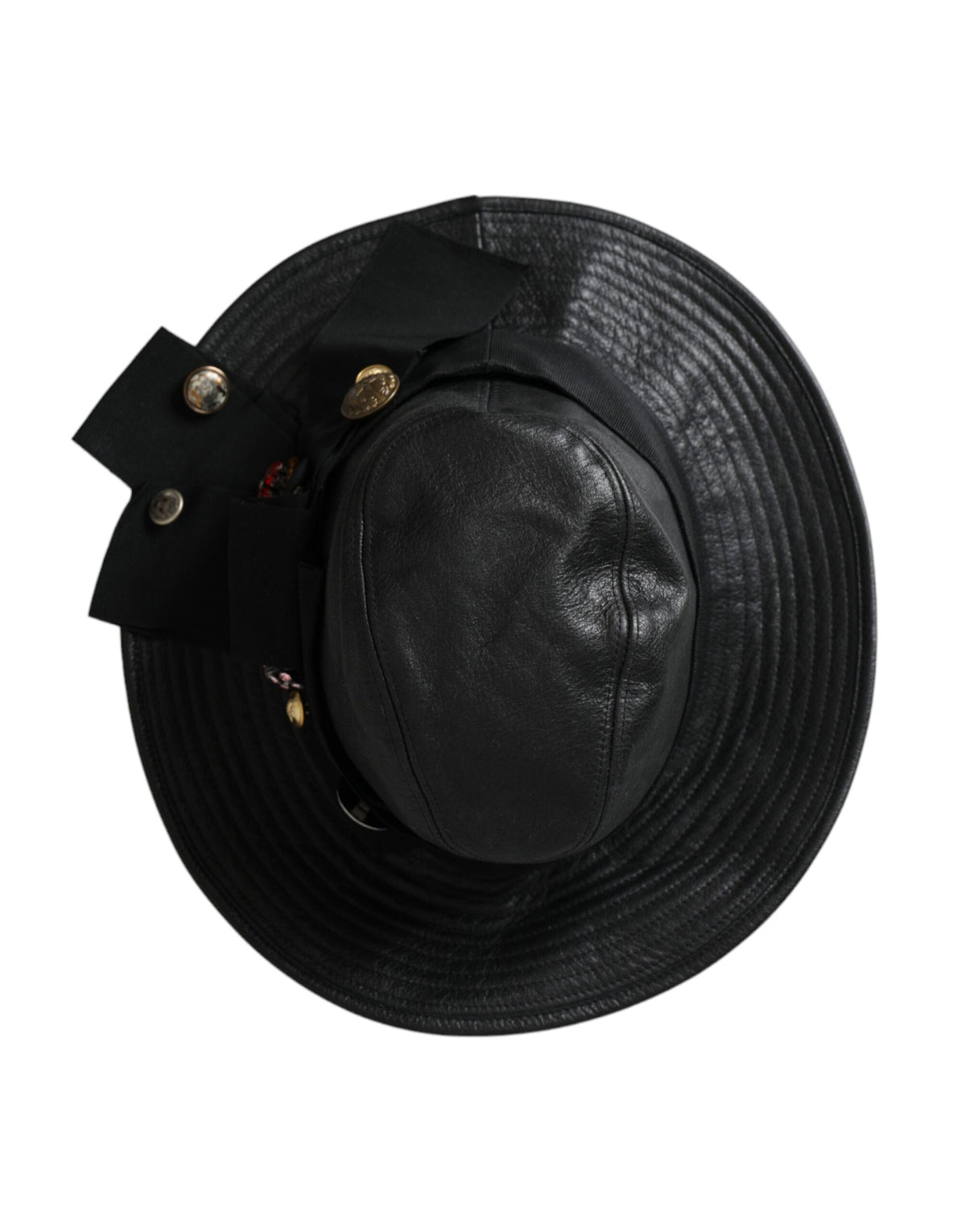 Dolce & Gabbana Black Leather DG Coin Crystal Wide Brim Women's Hat