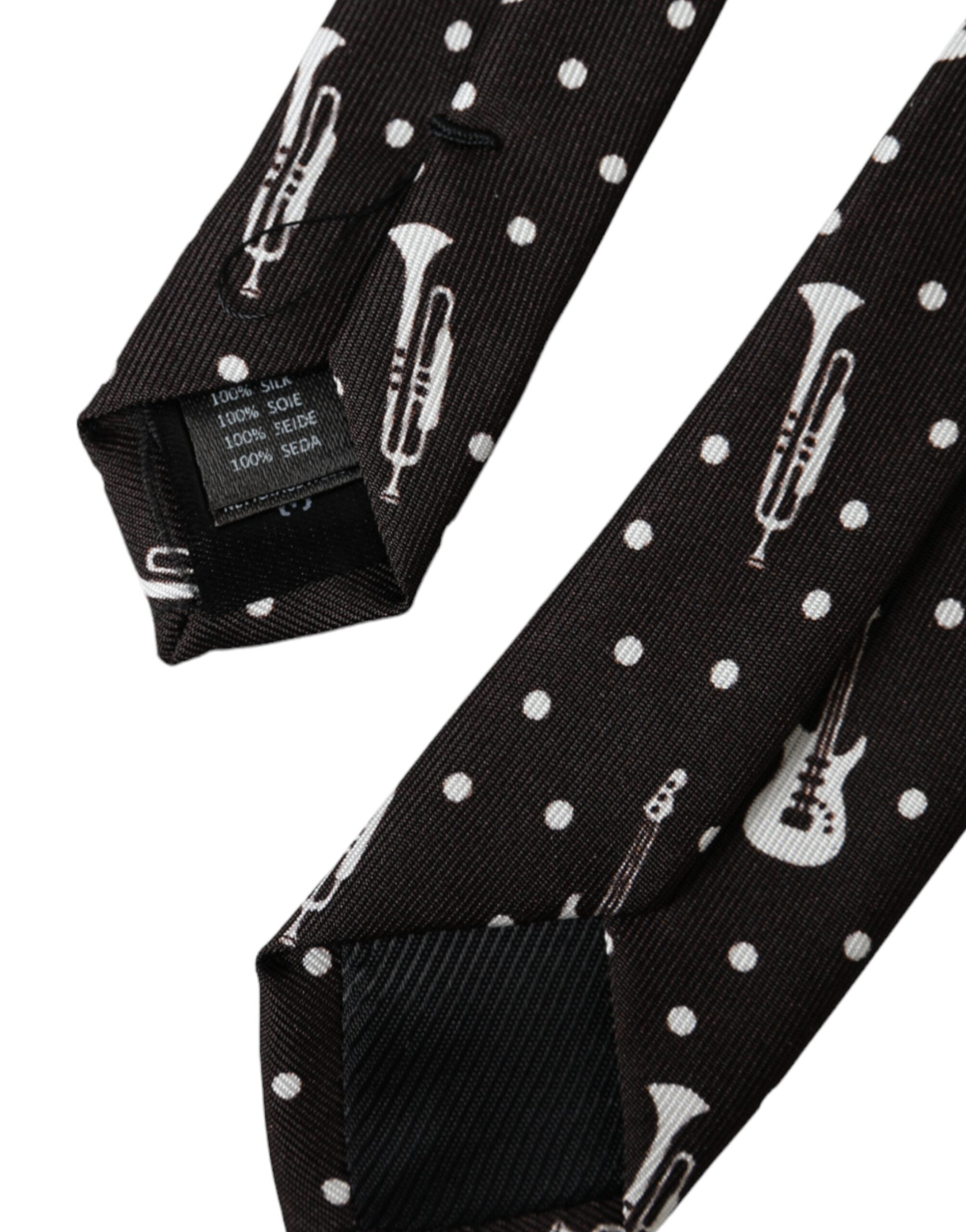 Dolce & Gabbana Black Guitar Print Silk Adjustable Men's Tie