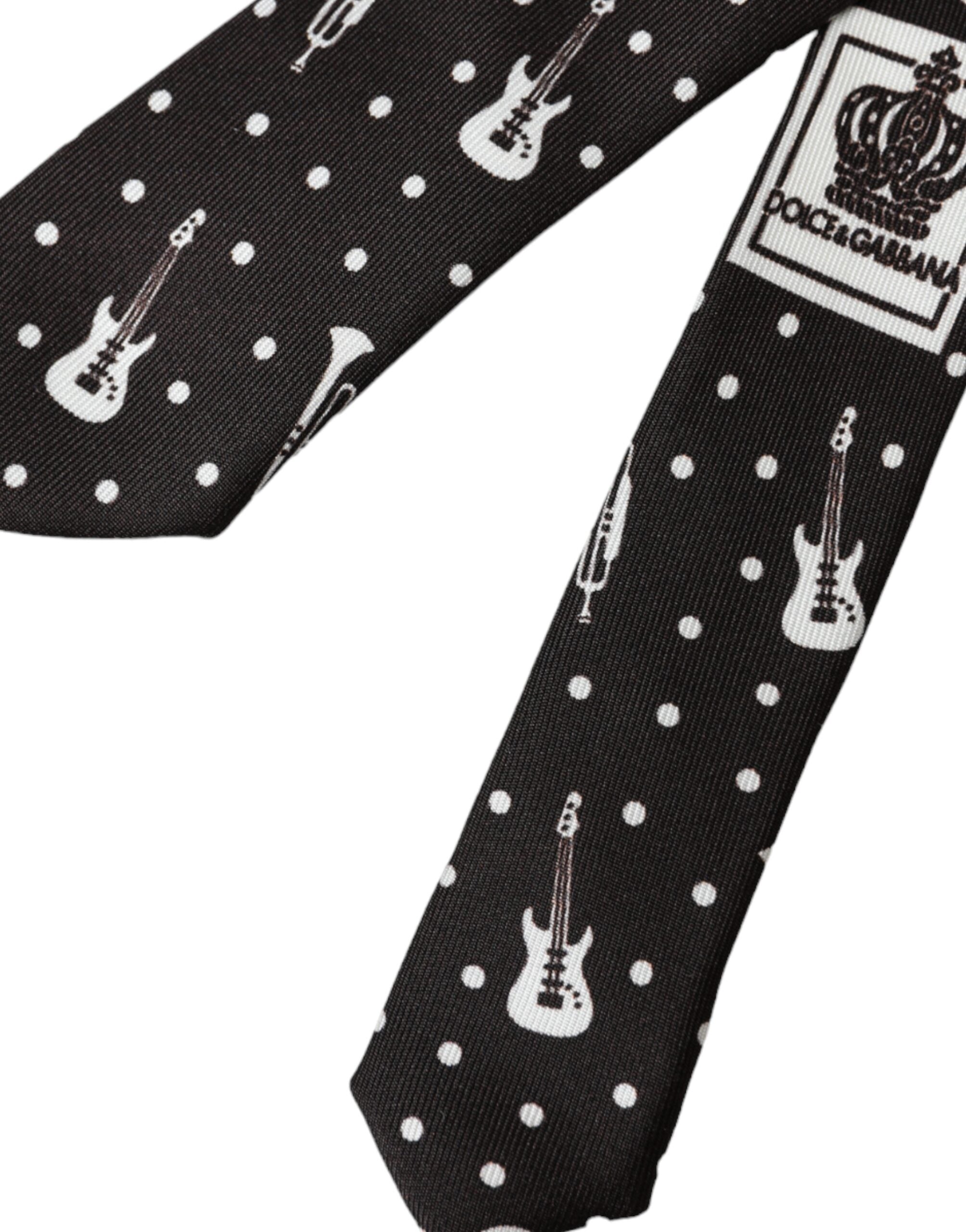 Dolce & Gabbana Black Guitar Print Silk Adjustable Men's Tie