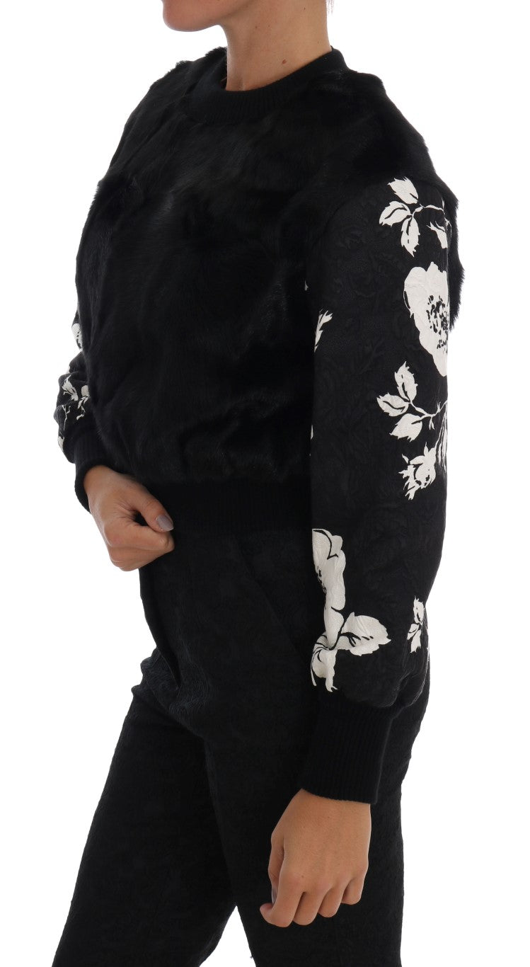 Dolce & Gabbana Black Fur Floral Brocade Zipper Women's Sweater