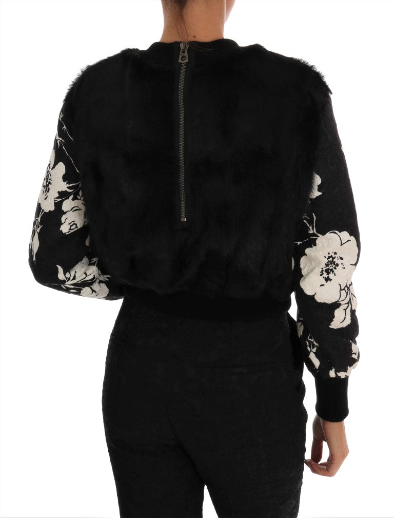 Dolce & Gabbana Black Fur Floral Brocade Zipper Women's Sweater