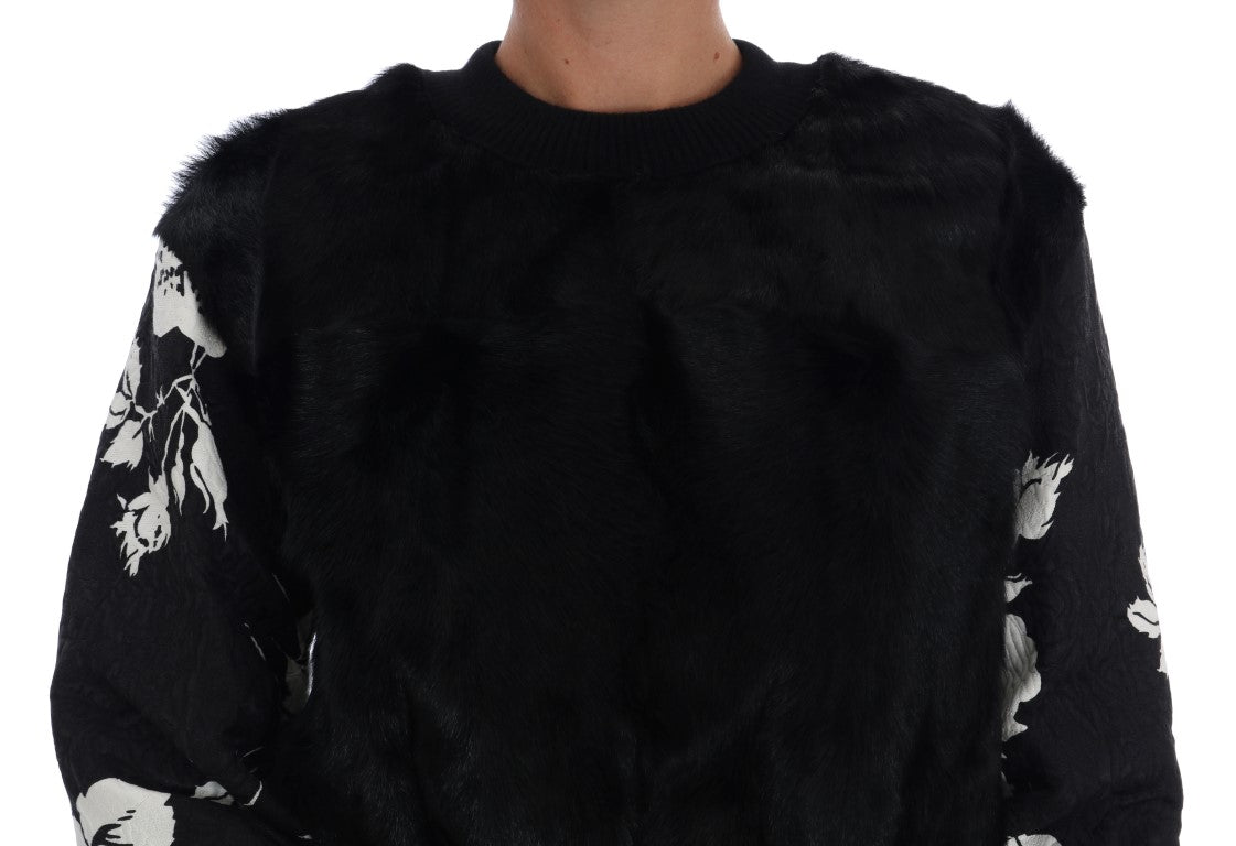 Dolce & Gabbana Black Fur Floral Brocade Zipper Women's Sweater