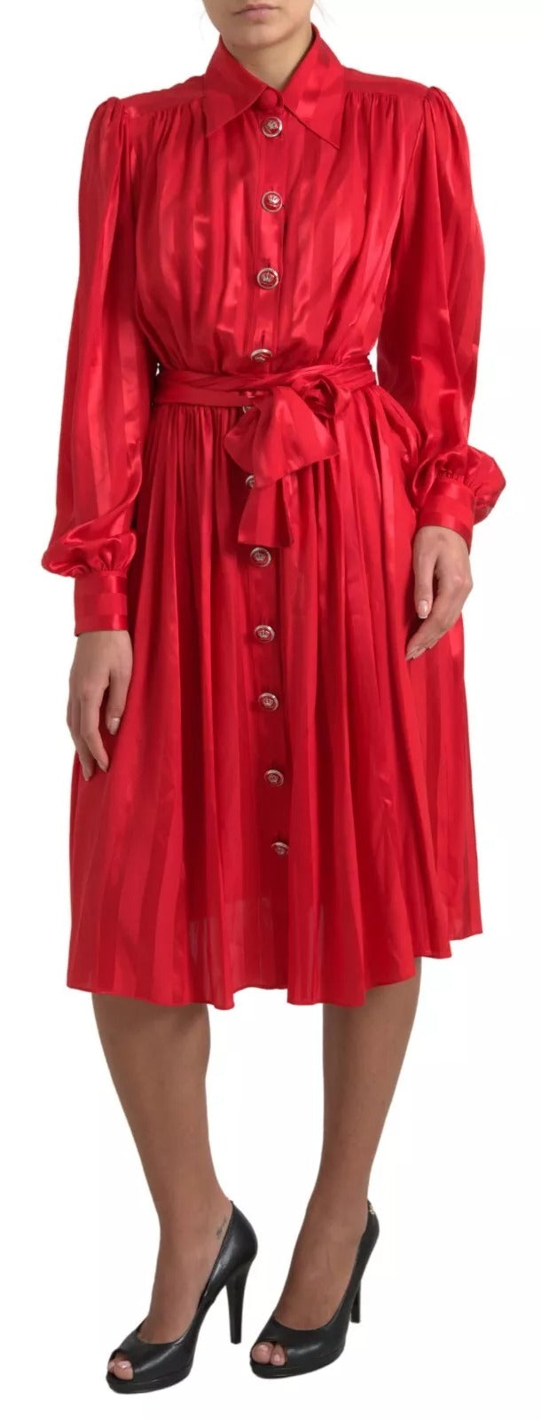 Dolce & Gabbana Red Button Down Belted Midi Satin Silk Women's Dress