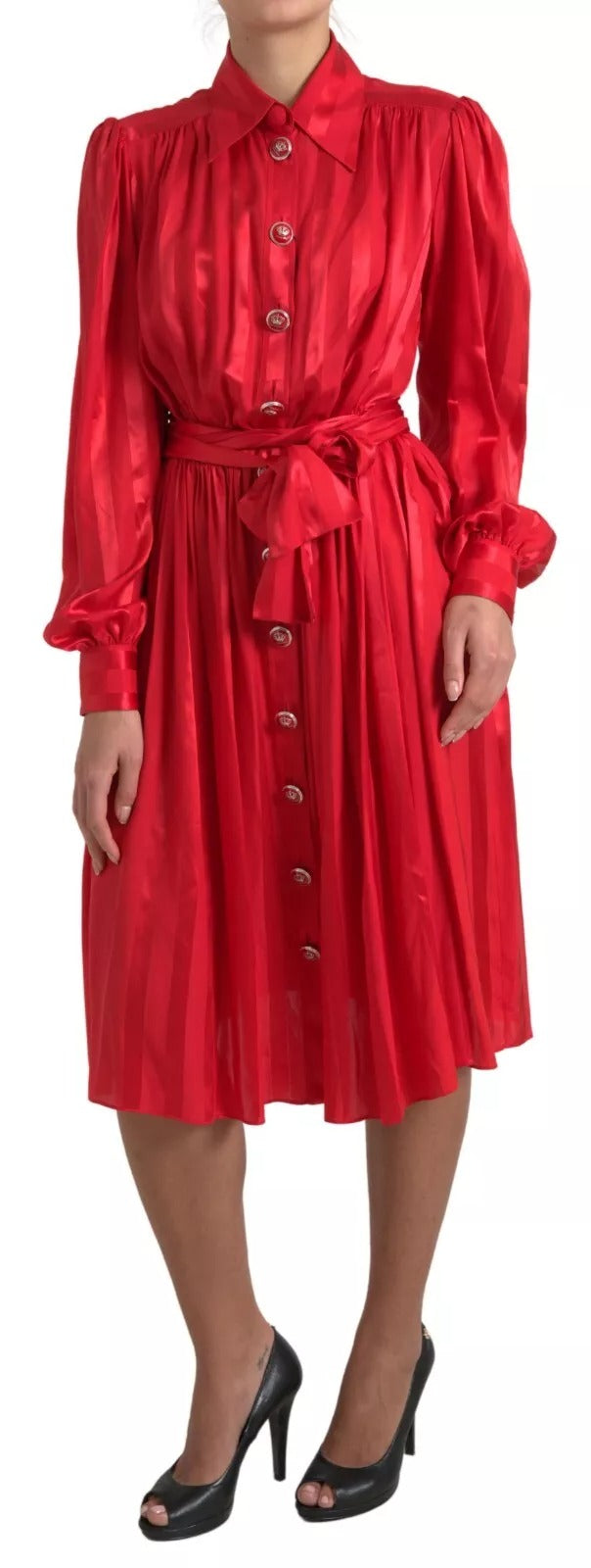 Dolce & Gabbana Red Button Down Belted Midi Satin Silk Women's Dress