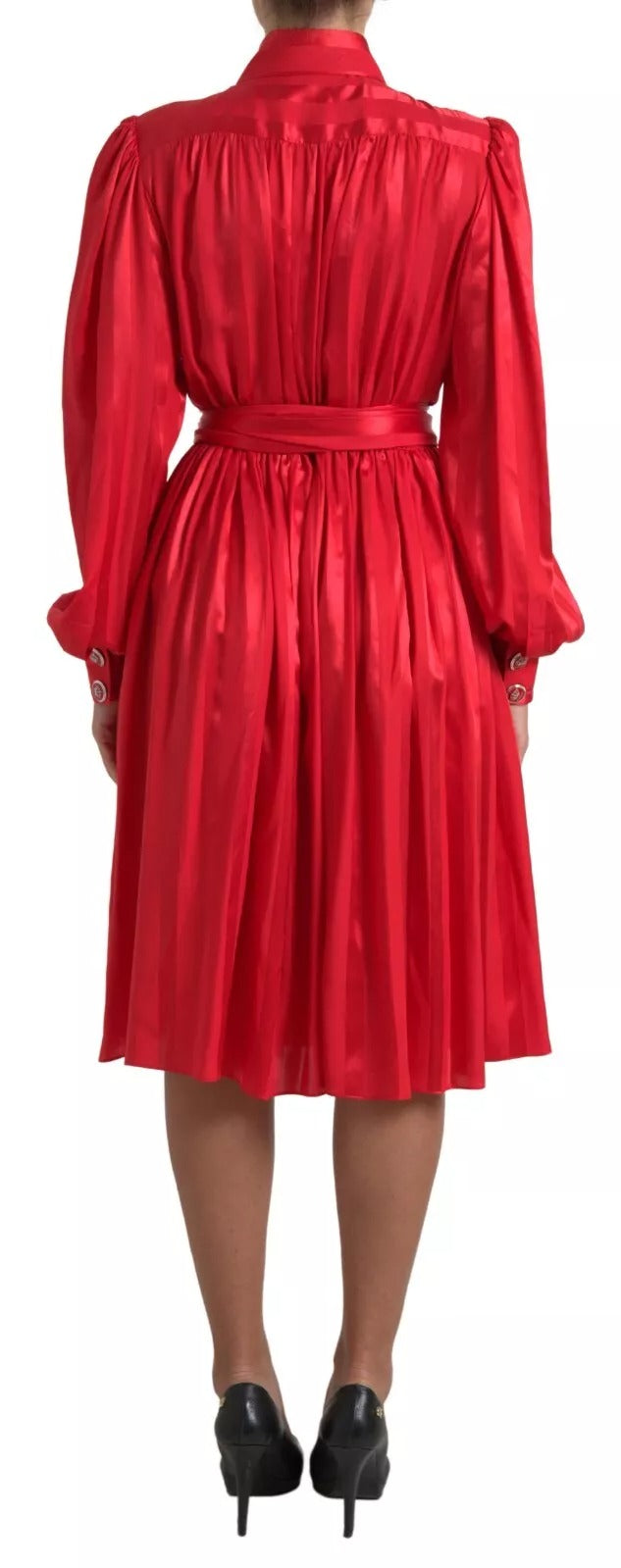 Dolce & Gabbana Red Button Down Belted Midi Satin Silk Women's Dress