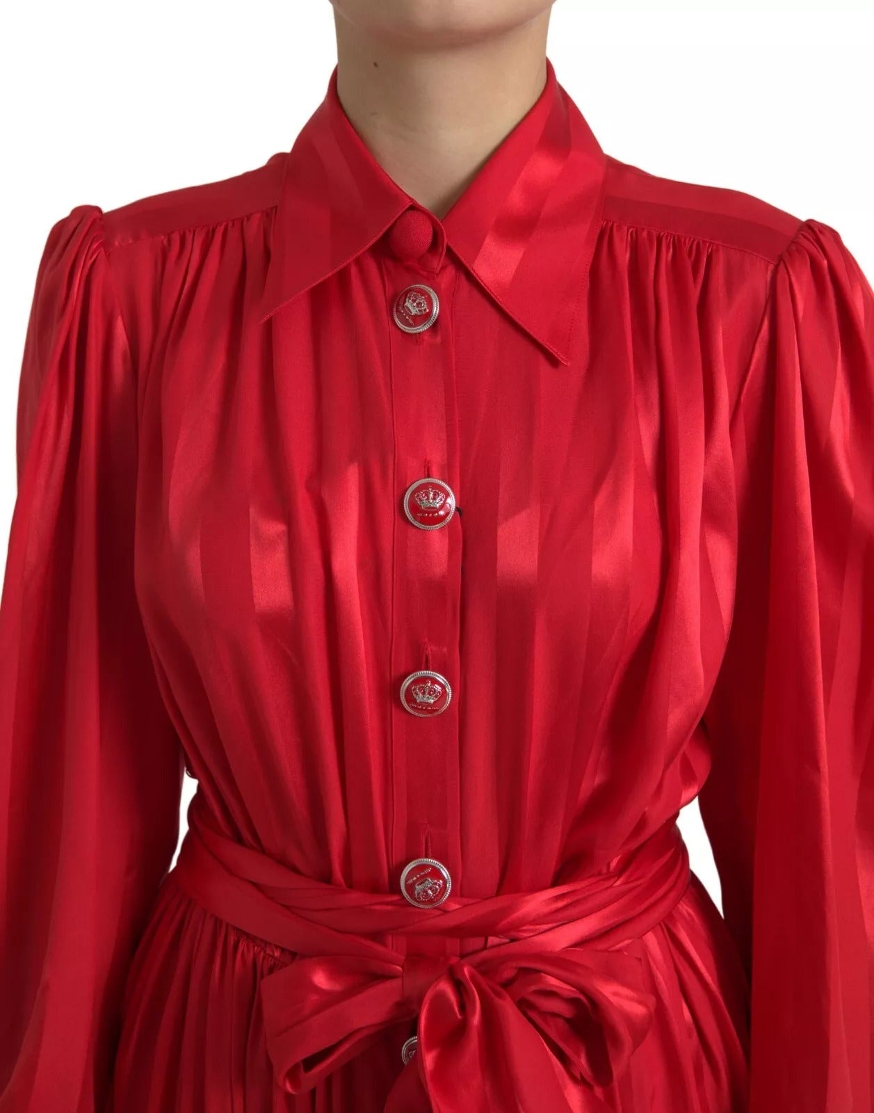 Dolce & Gabbana Red Button Down Belted Midi Satin Silk Women's Dress