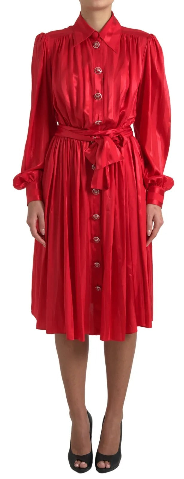 Dolce & Gabbana Red Button Down Belted Midi Satin Silk Women's Dress
