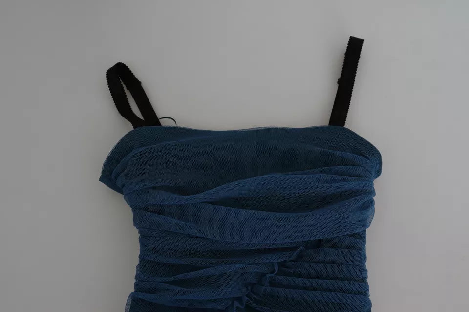 Dolce & Gabbana Blue Draped Tulle Midi Sheath Cotton Women's Dress (Pre-Owned)