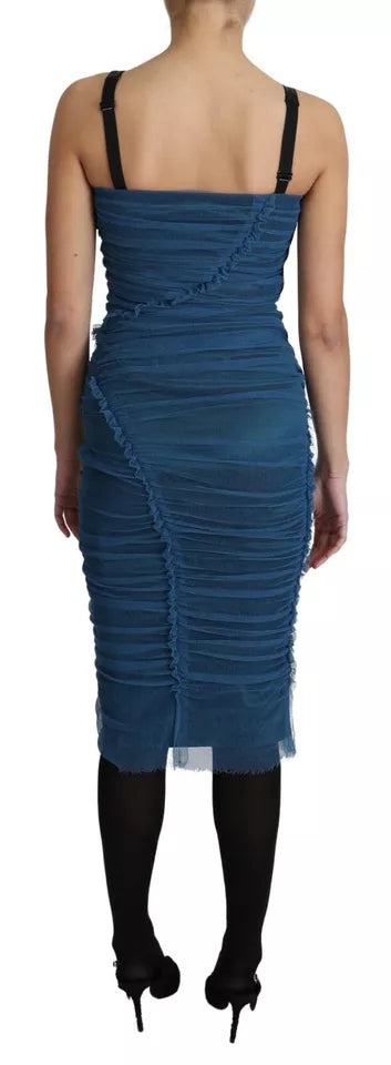 Dolce & Gabbana Blue Draped Tulle Midi Sheath Cotton Women's Dress (Pre-Owned)