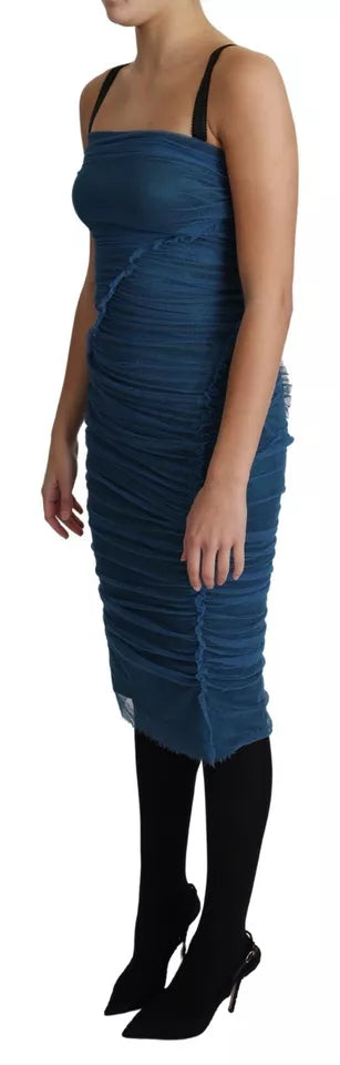 Dolce & Gabbana Blue Draped Tulle Midi Sheath Cotton Women's Dress (Pre-Owned)