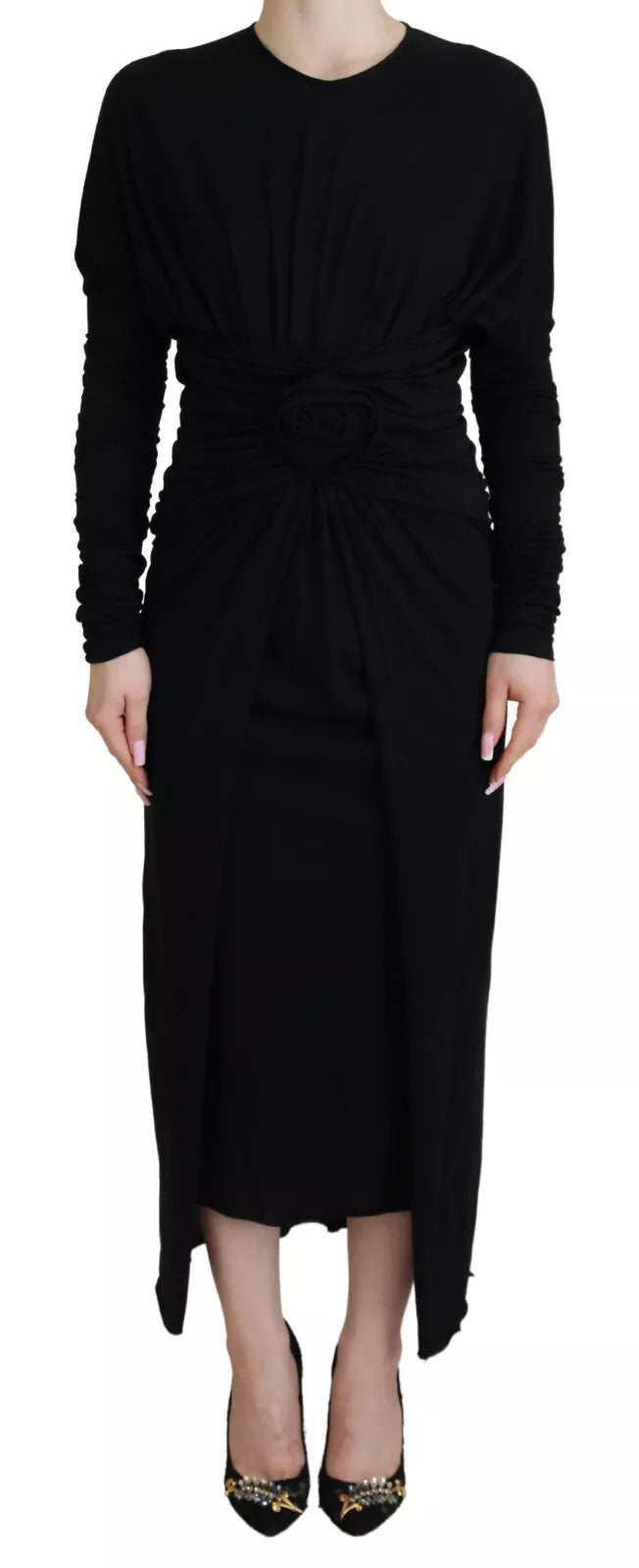 Dolce & Gabbana Black Sheath Midi Gown Wool Wrap Women's Dress (Pre-Owned)