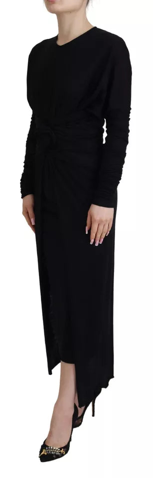 Dolce & Gabbana Black Sheath Midi Gown Wool Wrap Women's Dress (Pre-Owned)