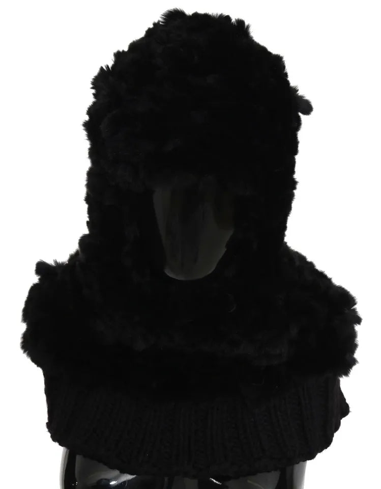 Dolce & Gabbana Black Silver Fox Fur Cashmere Hooded Women's Scarf