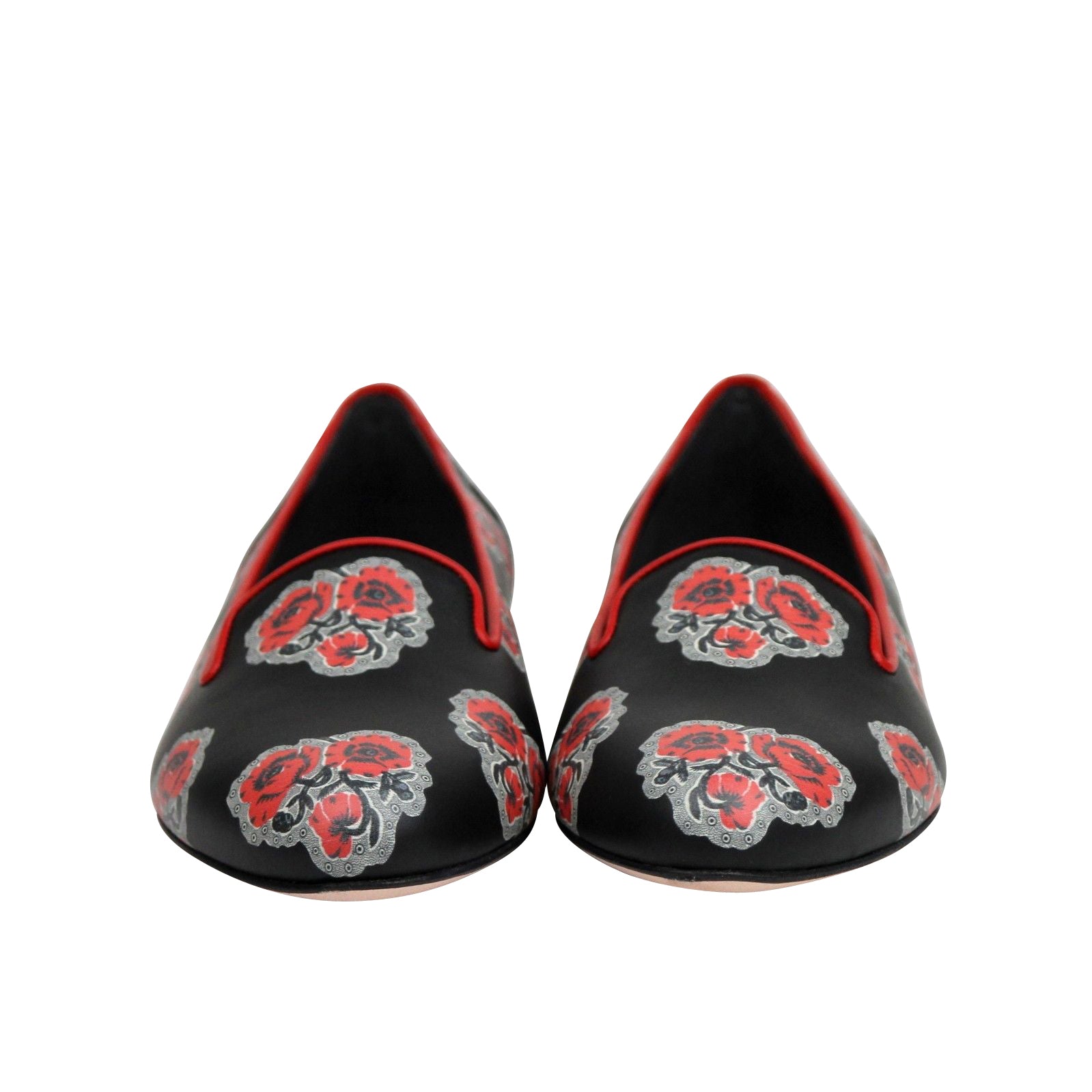 Alexander McQueen Women's Rose Pattern Black Leather Slipper Shoes 462229