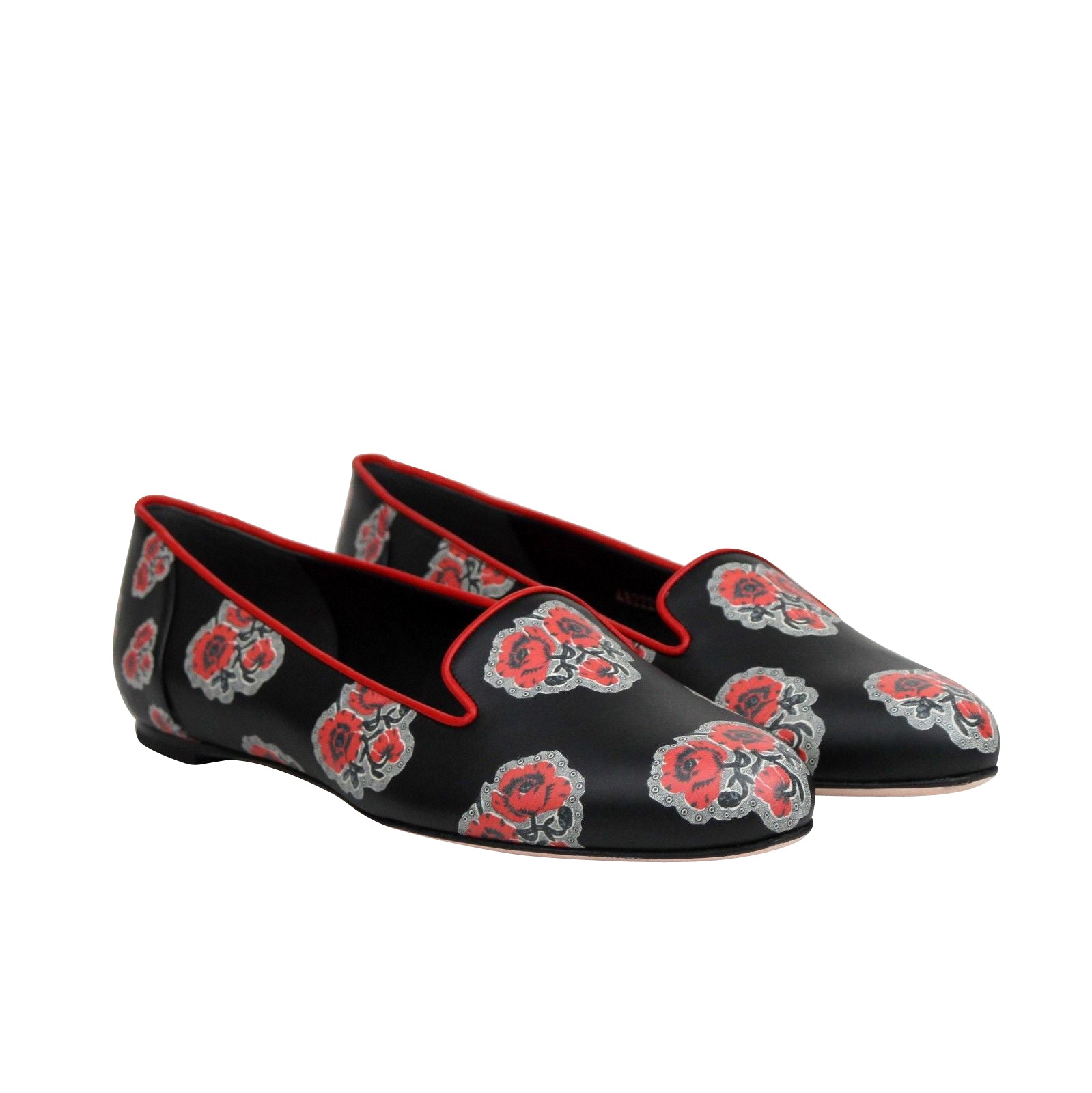 Alexander McQueen Women's Rose Pattern Black Leather Slipper Shoes 462229