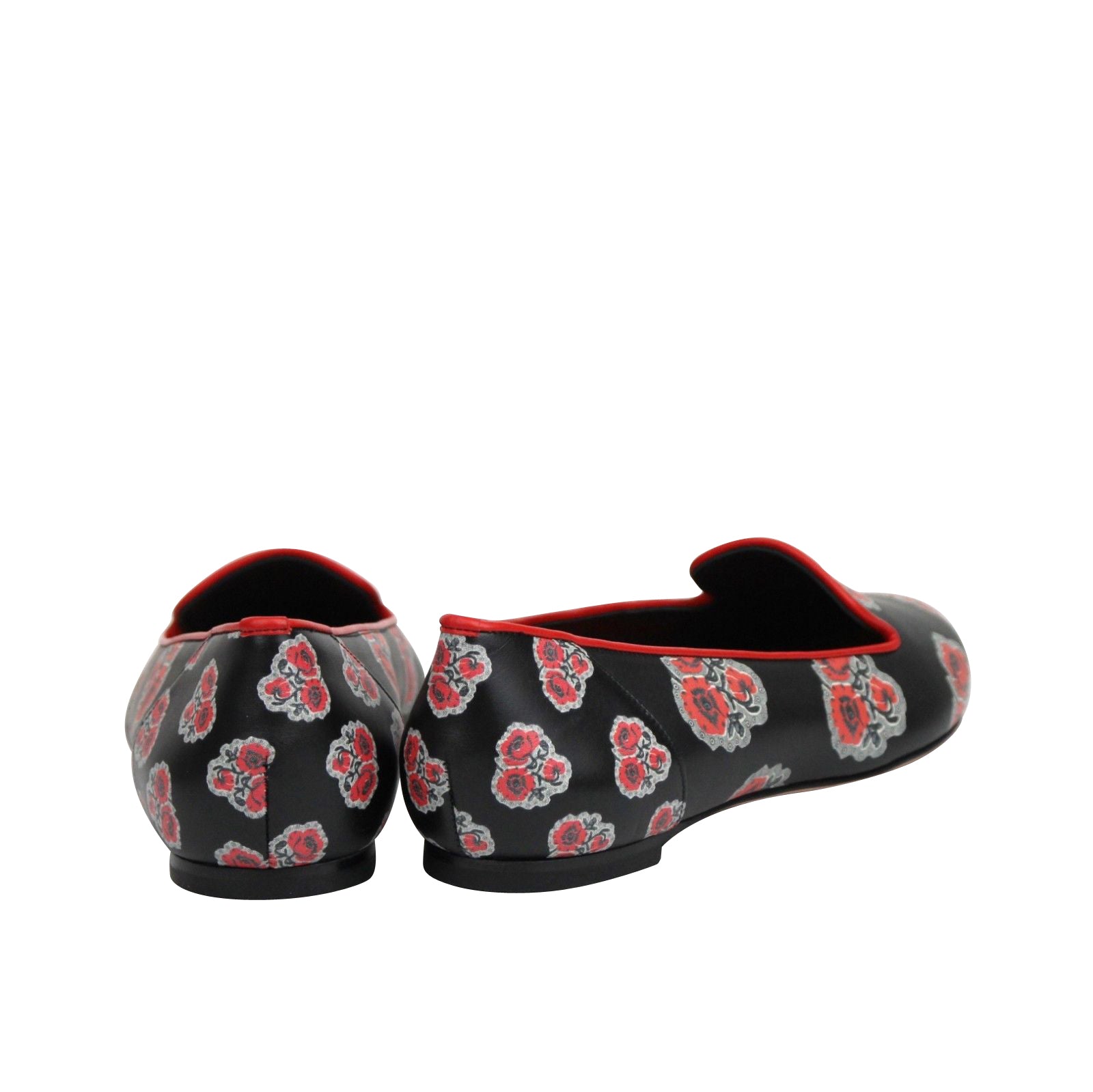Alexander McQueen Women's Rose Pattern Black Leather Slipper Shoes 462229