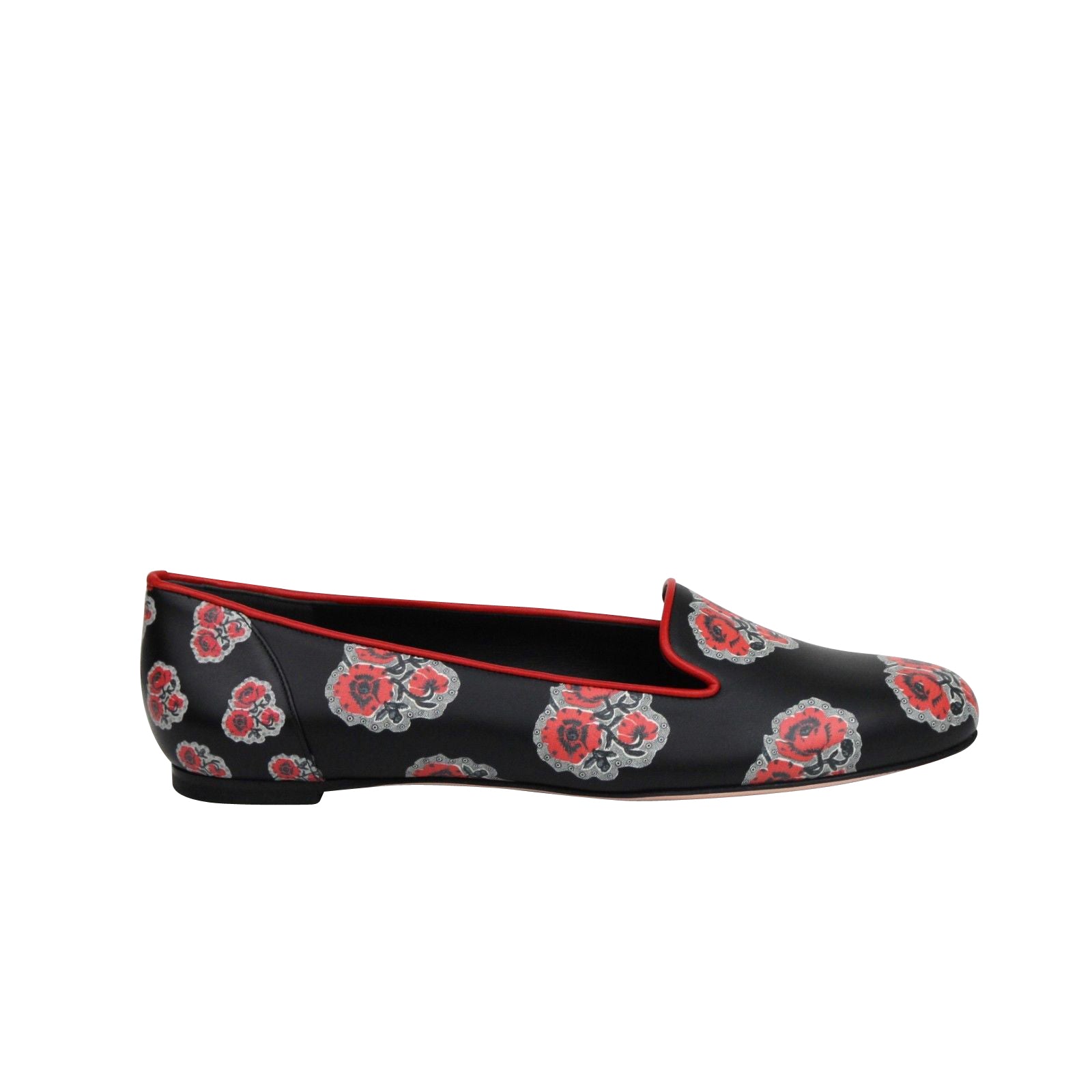 Alexander McQueen Women's Rose Pattern Black Leather Slipper Shoes 462229