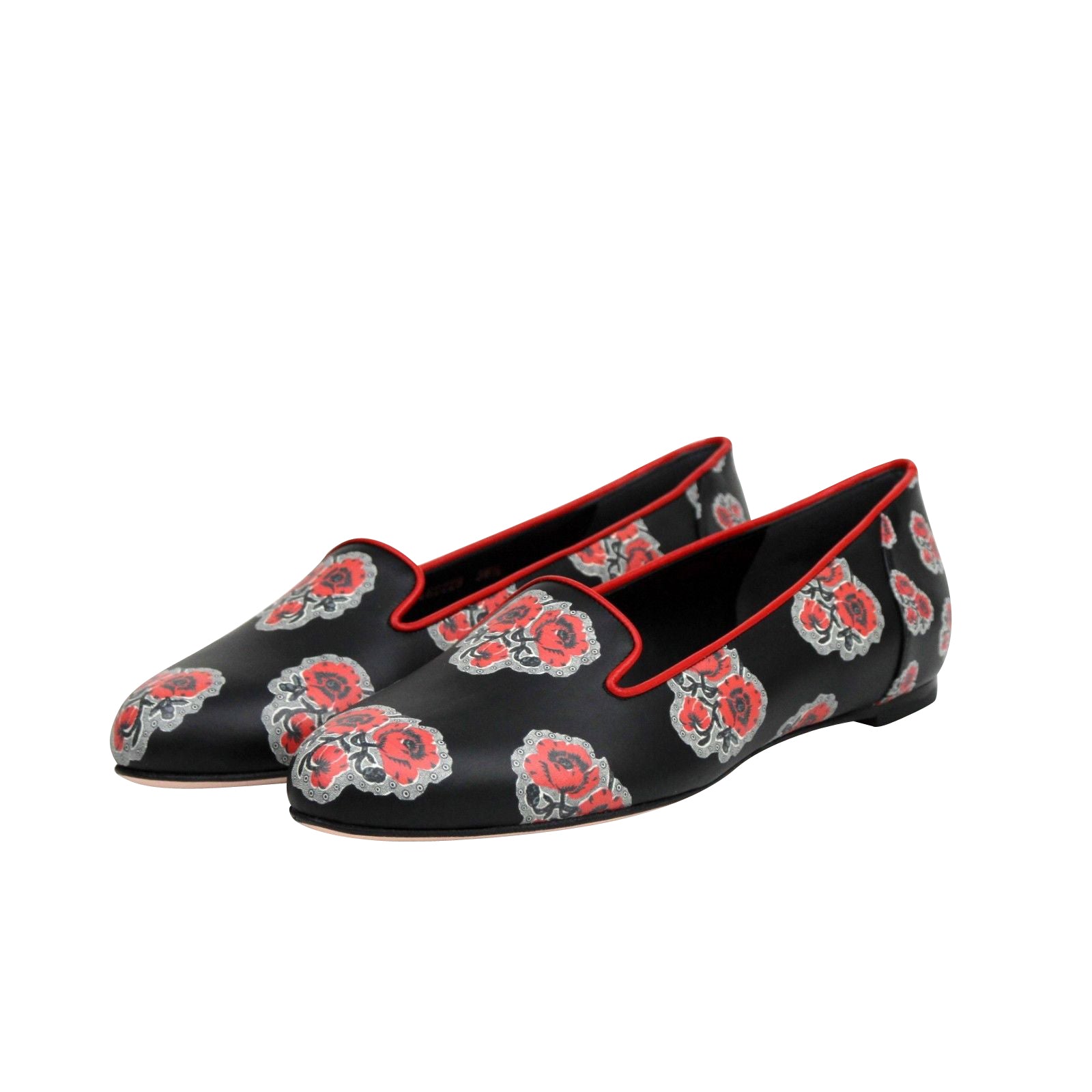 Alexander McQueen Women's Rose Pattern Black Leather Slipper Shoes (37 EU / 7 US)