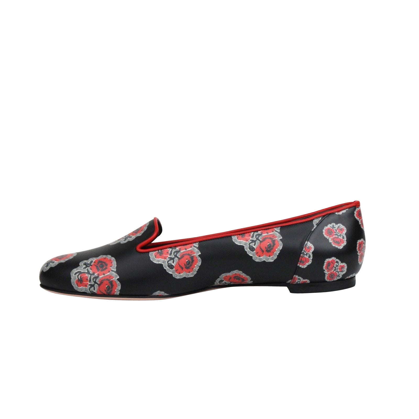 Alexander McQueen Women's Rose Pattern Black Leather Slipper Shoes 462229