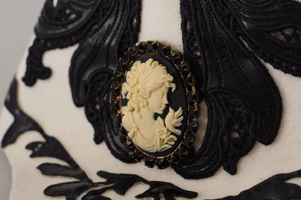 Dolce & Gabbana White Black Wool Embroidered Cameo Brooch Women's Hat