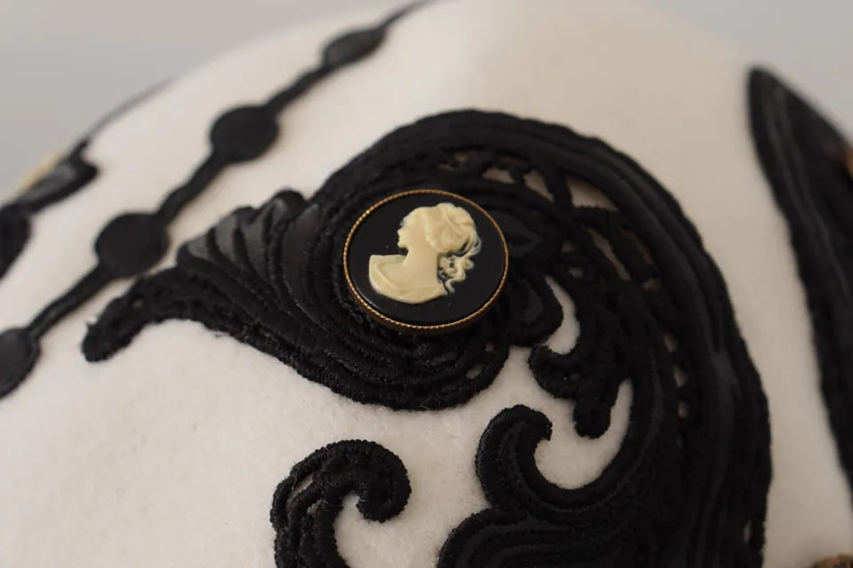 Dolce & Gabbana White Black Wool Embroidered Cameo Brooch Women's Hat